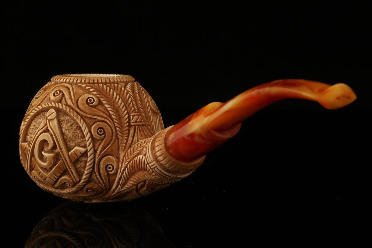 Master Mason Blue Lodge Meerschaum Pipe - Handcrafted With Square & Compass G - Bricks Masons
