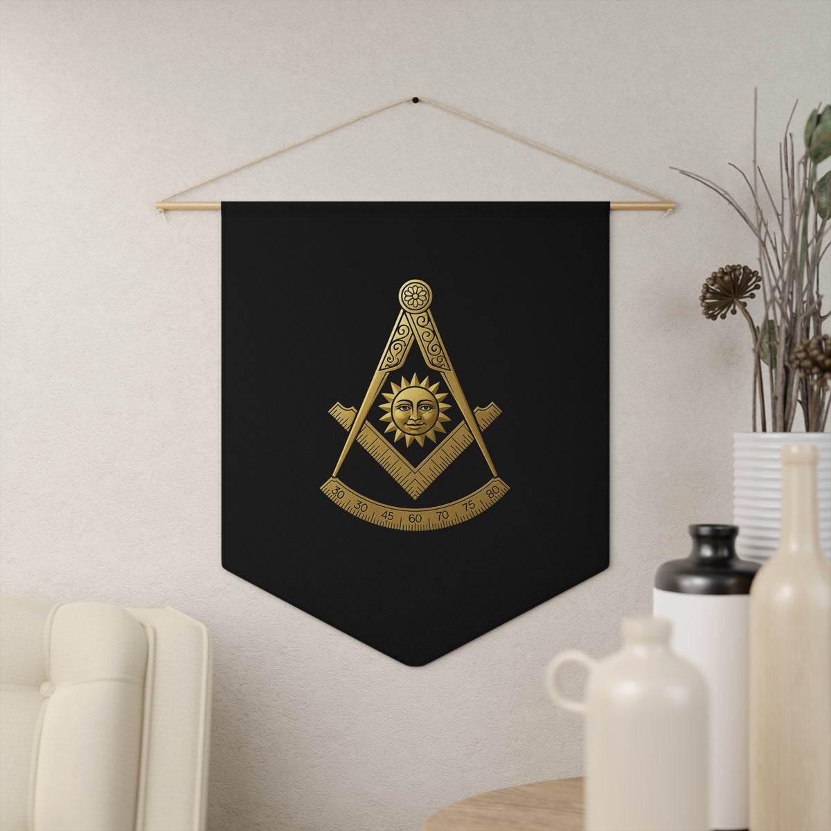 Past Master Blue Lodge Pennant - S&C with Sun and Quadrant on Black Polyester Twill - Bricks Masons