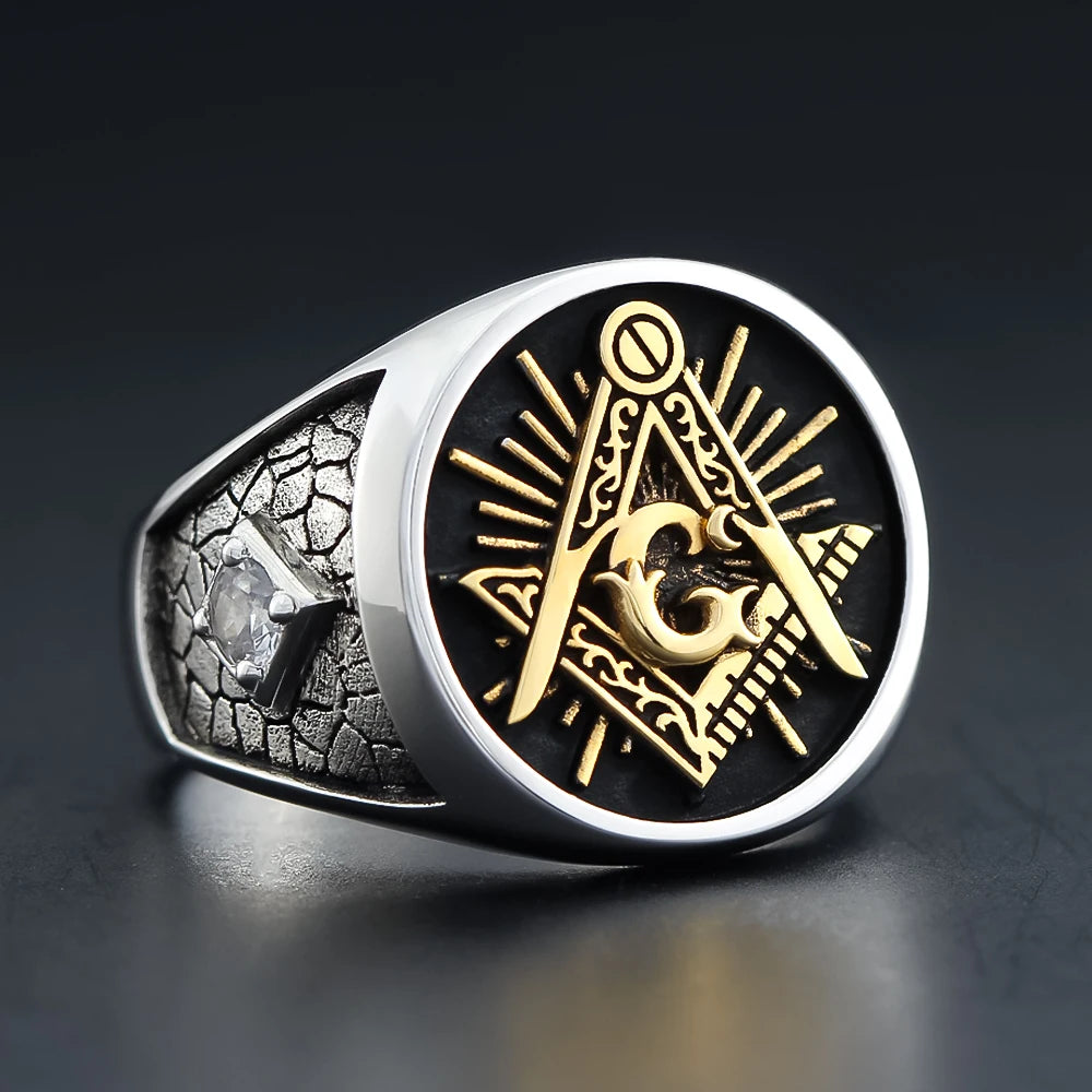 Master Mason Blue Lodge Ring - Sterling Silver S&C G with Stones On The Sides - Bricks Masons