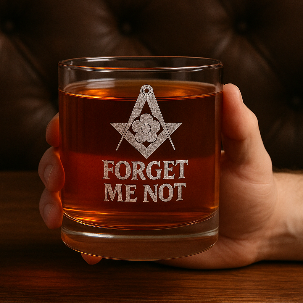 Master Mason Blue Lodge Whiskey Glass - Forget Me Not Square & Compasses