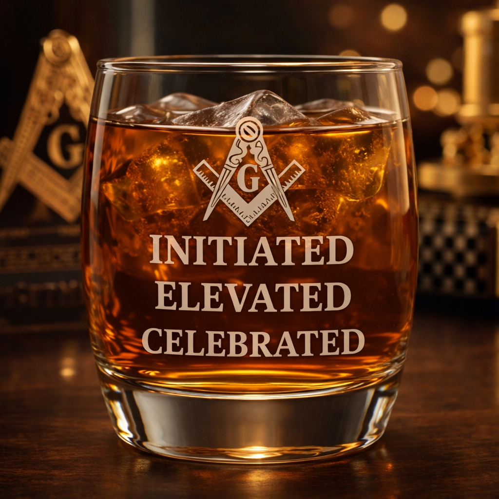 Master Mason Blue Lodge Whiskey Glass - Initiated Elevated Celebrated S&C G