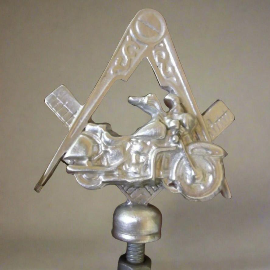 Master Mason Blue Lodge Hood Ornament - Square & Compass With Bike - Bricks Masons