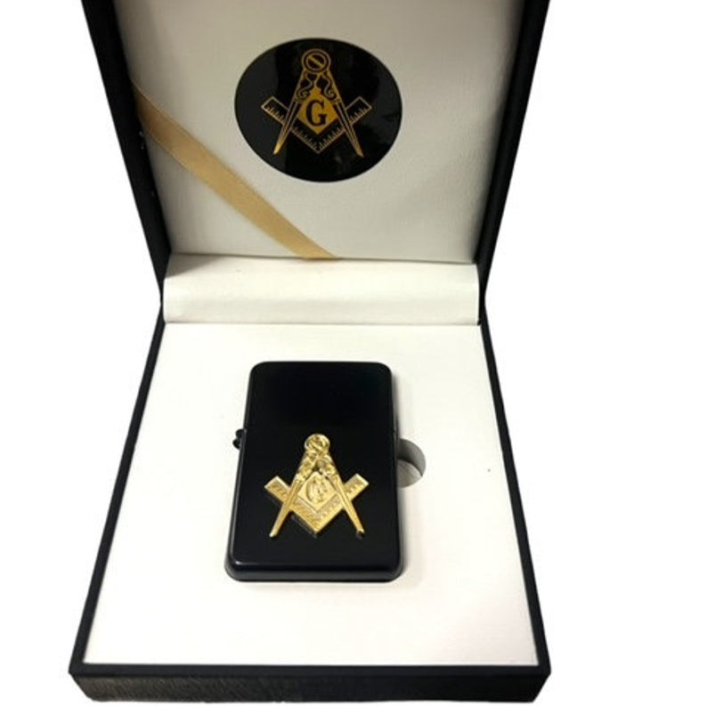Master Mason Blue Lodge Lighter - Gift Case Engraved Gold on Black - Bricks Masons