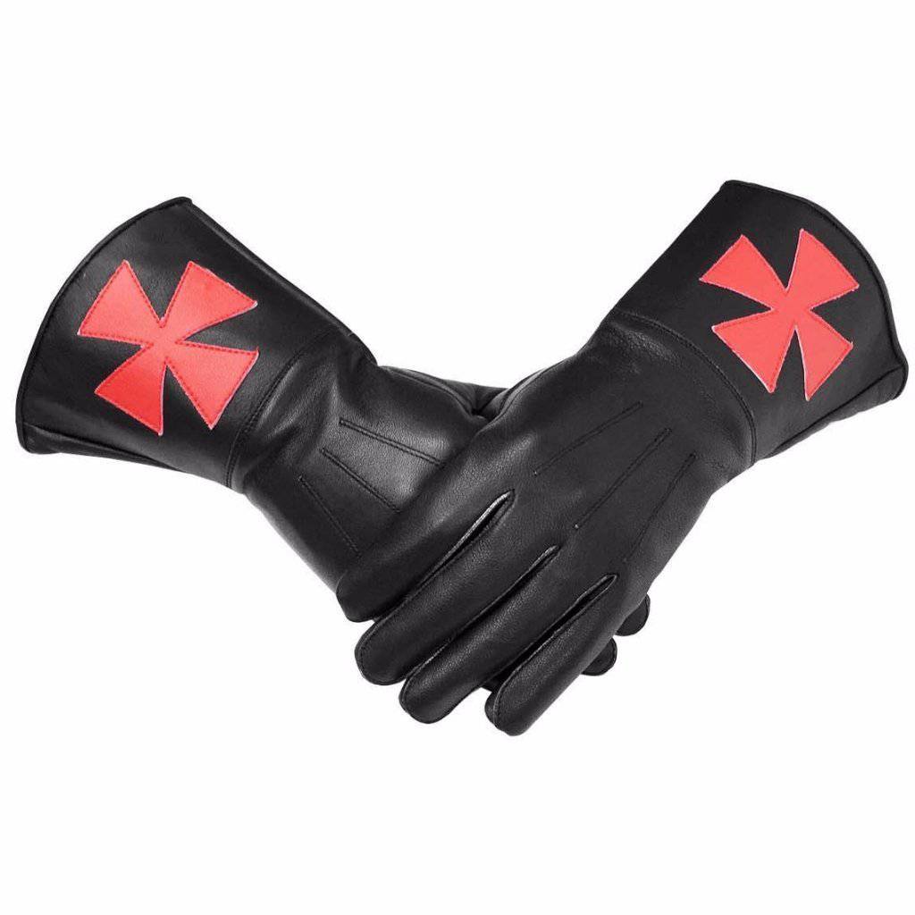 Knights Templar Commandery Gauntlet - Black Leather with Red Cross - Bricks Masons