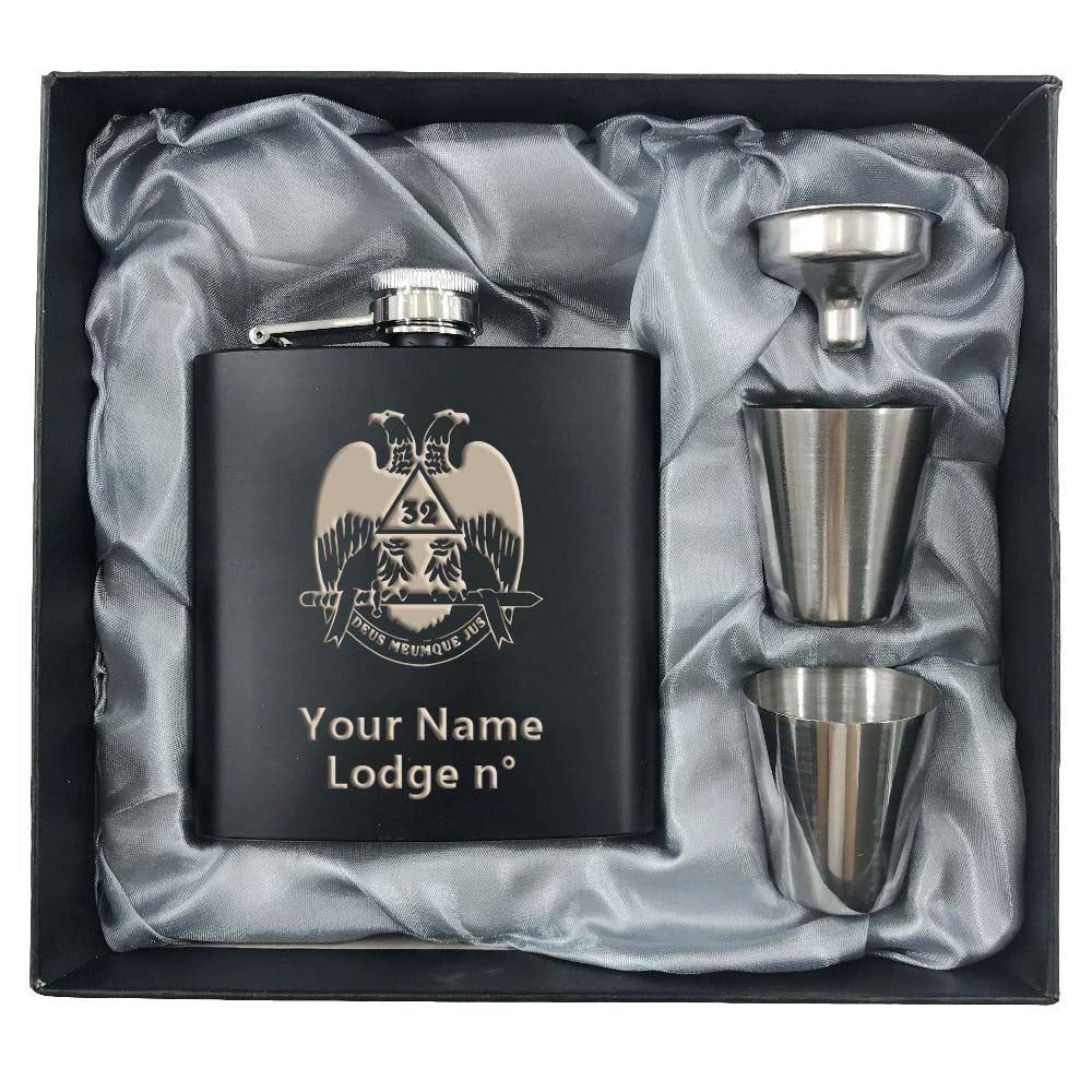 32nd Degree Scottish Rite Flask - Wings Down 2 Shot Glasses & Funnel - Bricks Masons