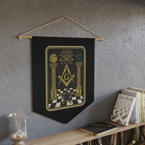 Master Mason Blue Lodge Pennant - Eye and Star S&C with Pillars on Checkered Floor - Bricks Masons