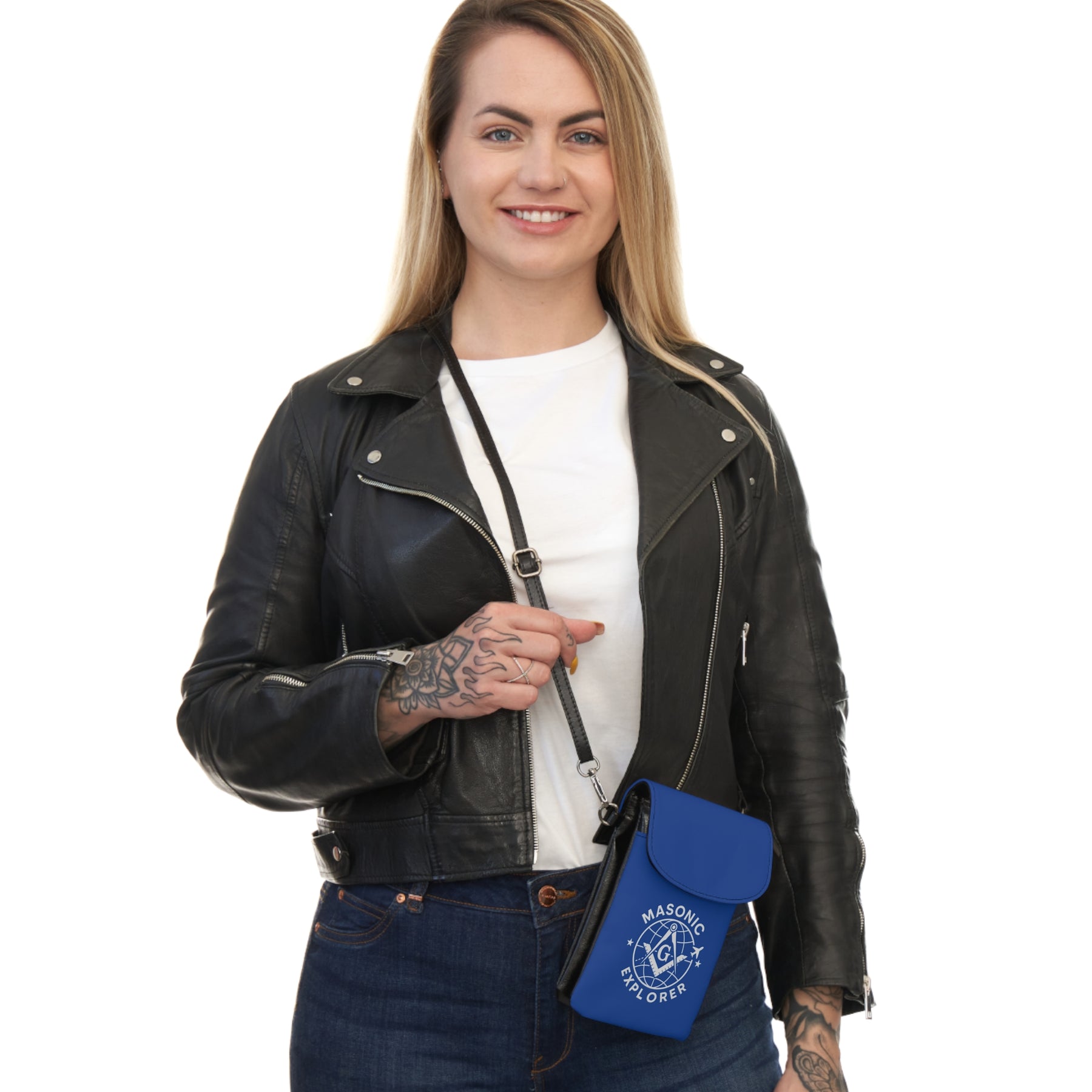 Master Mason Blue Lodge Cell Phone Wallet - Masonic Explorer Blue Microfiber Leather - Bricks Masons