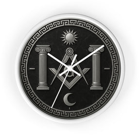 Master Mason Blue Lodge Clock - S&C with Pillars Sun & Moon on Wooden Frame - Bricks Masons