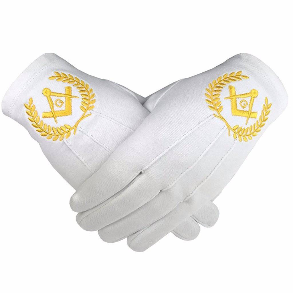 Master Mason Blue Lodge Gloves - White Cotton with Yellow Square & Compass G