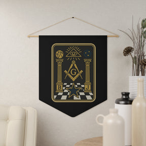 Master Mason Blue Lodge Pennant - Eye and Star S&C with Pillars on Checkered Floor - Bricks Masons