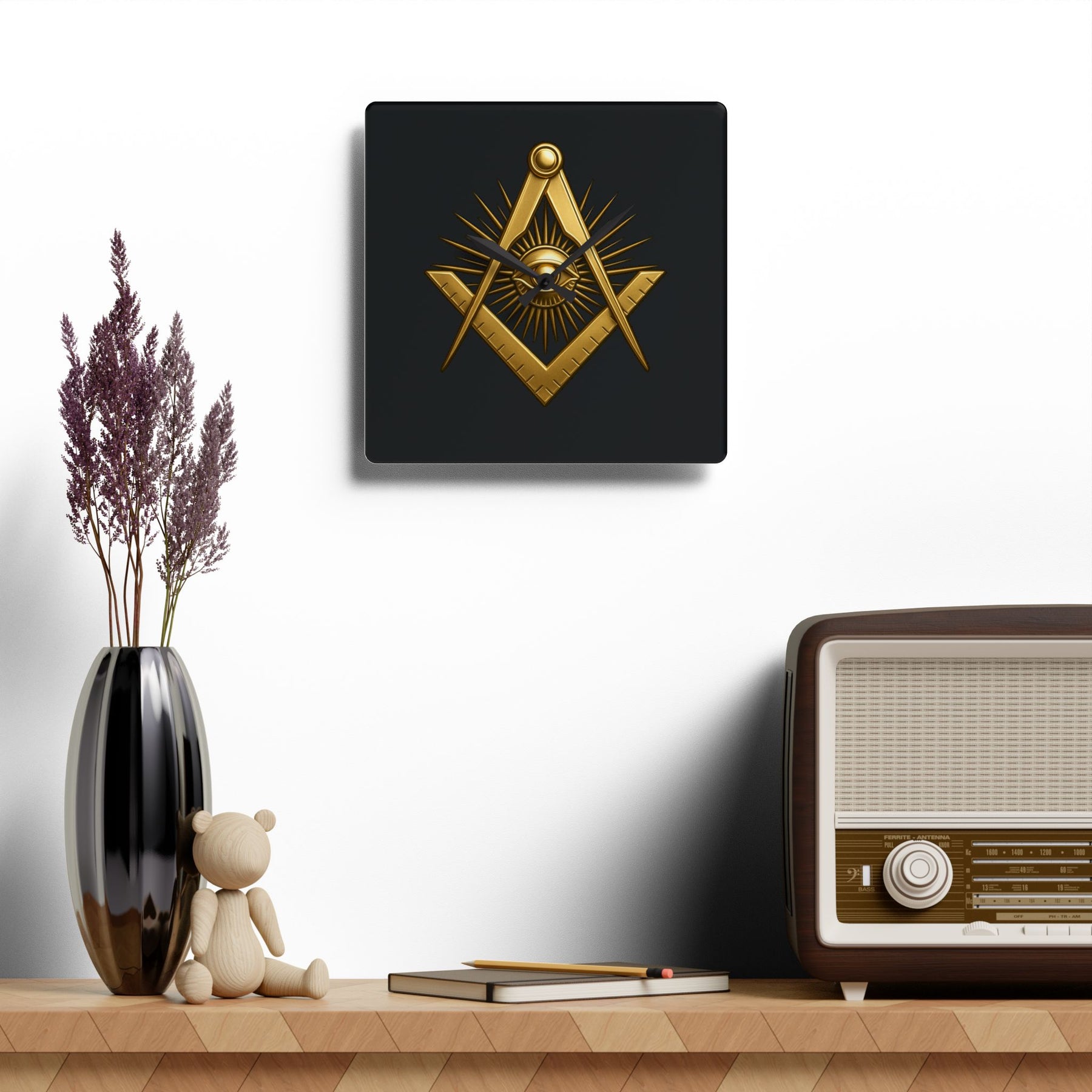 Master Mason Blue Lodge Clock - All Seeing Eye Within Square & Compass - Bricks Masons