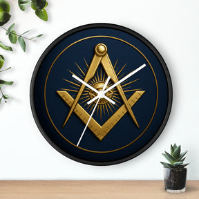 Master Mason Blue Lodge Clock - Wood Frame with Eye Square & Compass Symbol - Bricks Masons