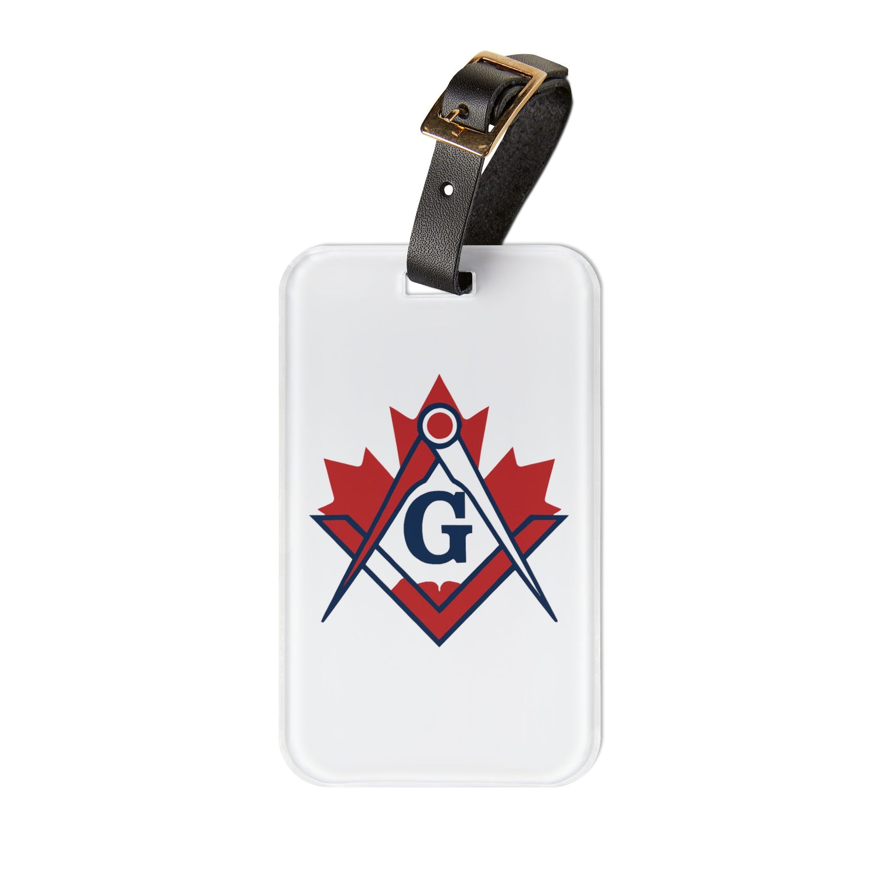 Master Mason Blue Lodge Canada Jurisdiction Luggage Tag - Red Maple Leaf Leather Strap - Bricks Masons