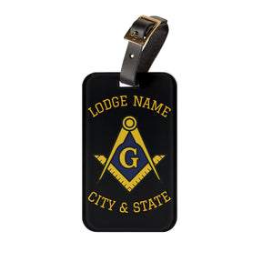 Master Mason Blue Lodge Luggage Tag - Personalizable Black S&C G With Black Leather Strap - Bricks Masons