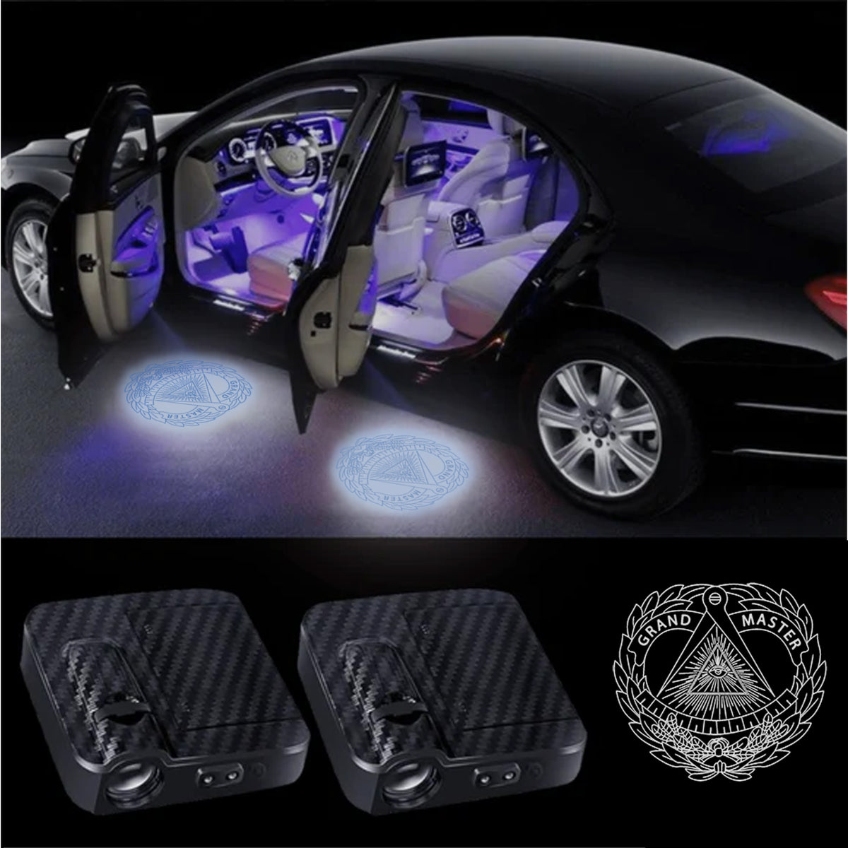 Grand Master Blue Lodge Car Door Light Projector - Customizable Wireless LED - Bricks Masons