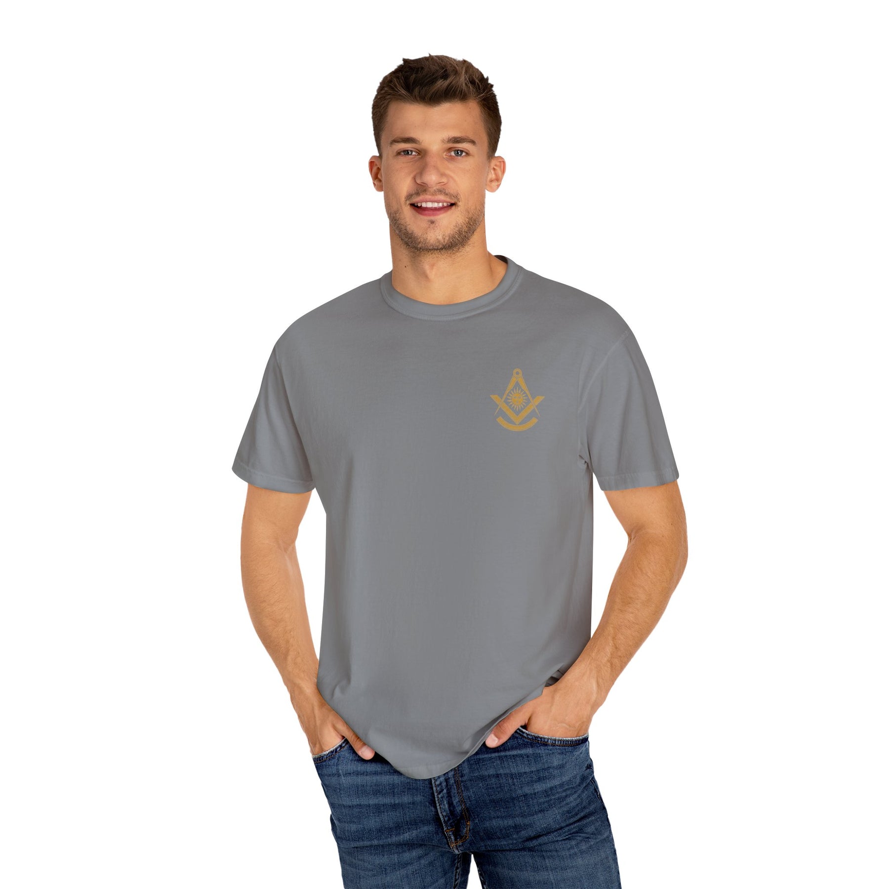 Past Master Blue Lodge T-Shirt - Garment-Dyed Square & Compass, Quadrant - Bricks Masons