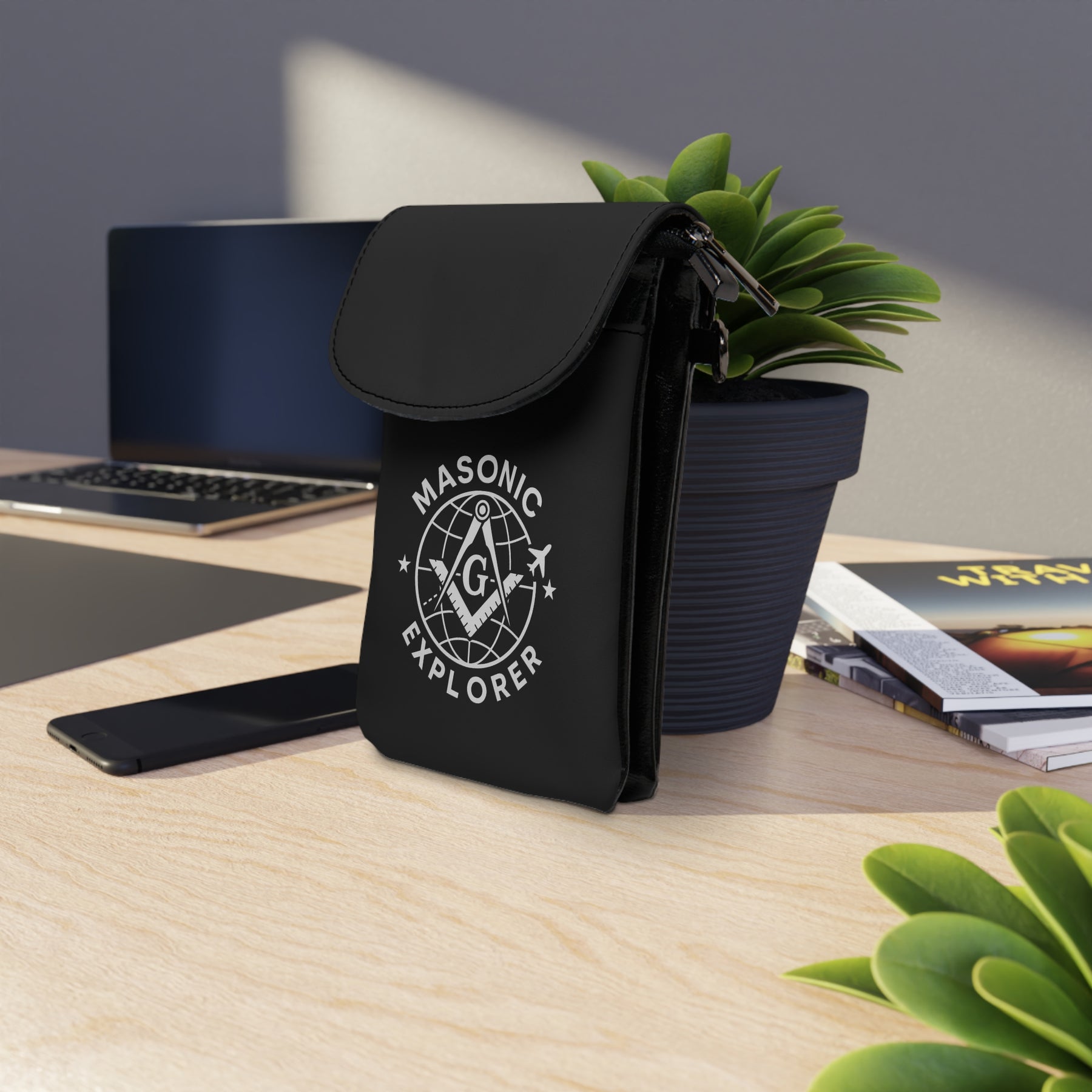 Master Mason Blue Lodge Cell Phone Wallet - Masonic Explorer Microfiber Black Leather - Bricks Masons
