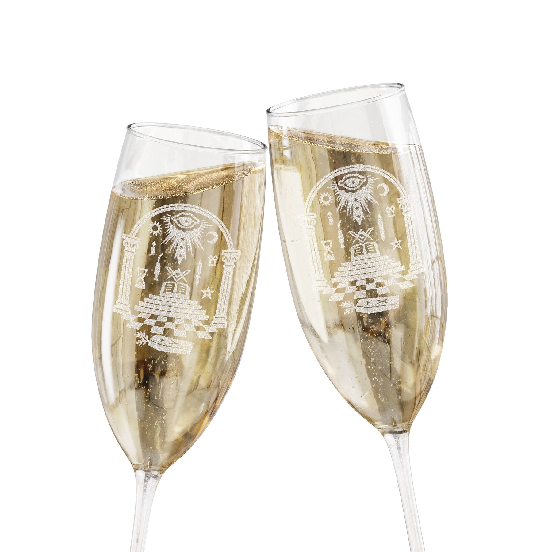 Master Mason Blue Lodge Champagne Flute - Checkered Floor Pillars All-Seeing Eye & Tools - Bricks Masons