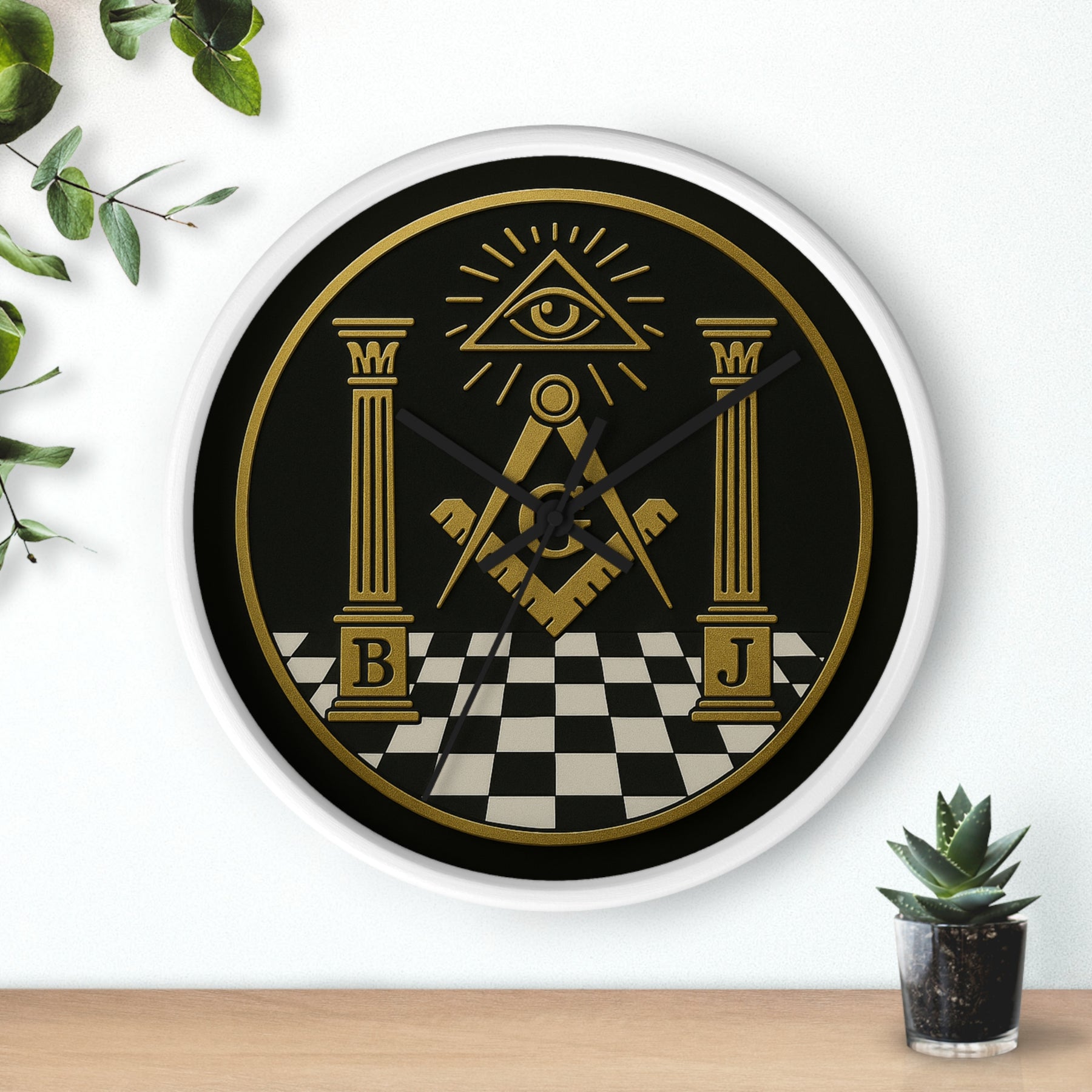 Master Mason Blue Lodge Clock - S&C with Pillars in Wooden Frame - Bricks Masons