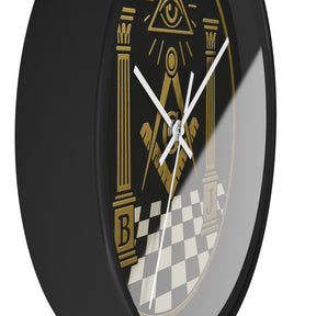 Master Mason Blue Lodge Clock - S&C with Pillars in Wooden Frame - Bricks Masons