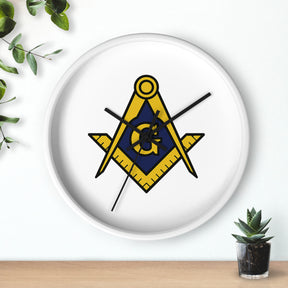 Master Mason Blue Lodge Clock - Wood Frame with Golden Square & Compass G - Bricks Masons