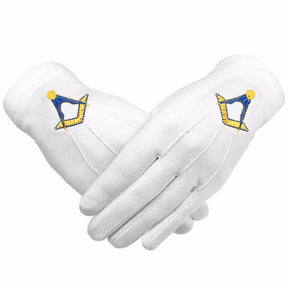 Master Mason Blue Lodge Gloves - Cotton with Yellow and Blue Square & Compass