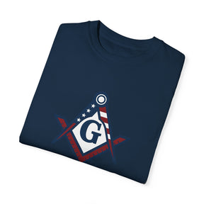 Master Mason Blue Lodge T-Shirt - Garment-Dyed USA Flag Mason - Bricks Masons