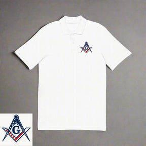 Master Mason Blue Lodge Polo Shirt - Embroidered Square & Compass G US Flag - Bricks Masons