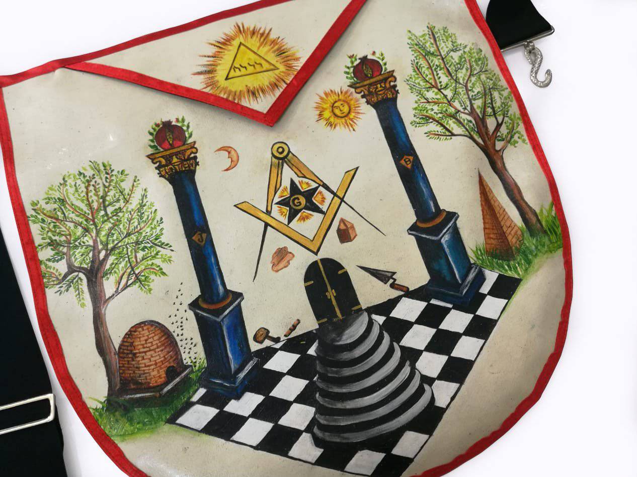 Hand-Painted Apron - Lambskin The Two Pillars of Jachin and Boaz