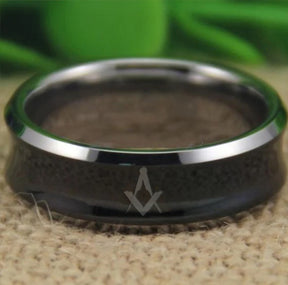 Master Mason Blue Lodge Ring - Black Silver Bevel With CZ Stone - Bricks Masons