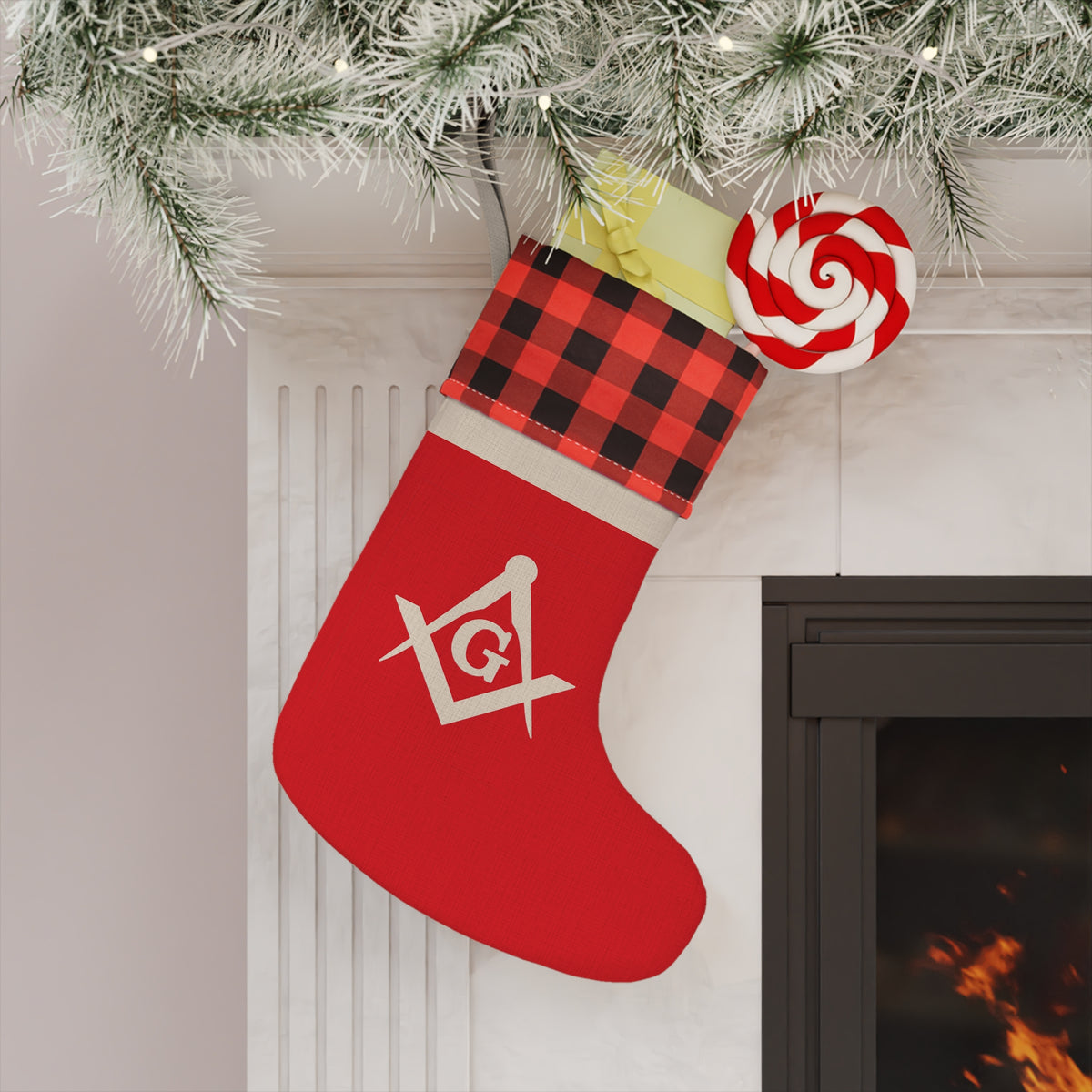 Master Mason Blue Lodge Christmas Stocking - Silver Square & Compass G Emblem - Bricks Masons