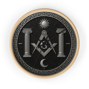 Master Mason Blue Lodge Clock - S&C with Pillars Sun & Moon on Wooden Frame - Bricks Masons