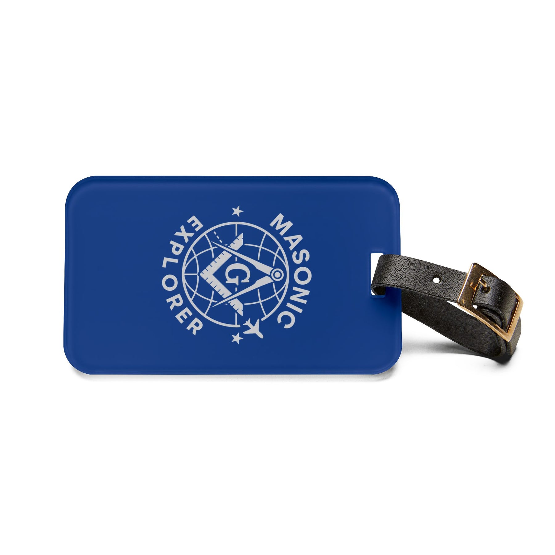 Master Mason Blue Lodge Luggage Tag -  Blue Masonic Explorer With Leather Strap - Bricks Masons