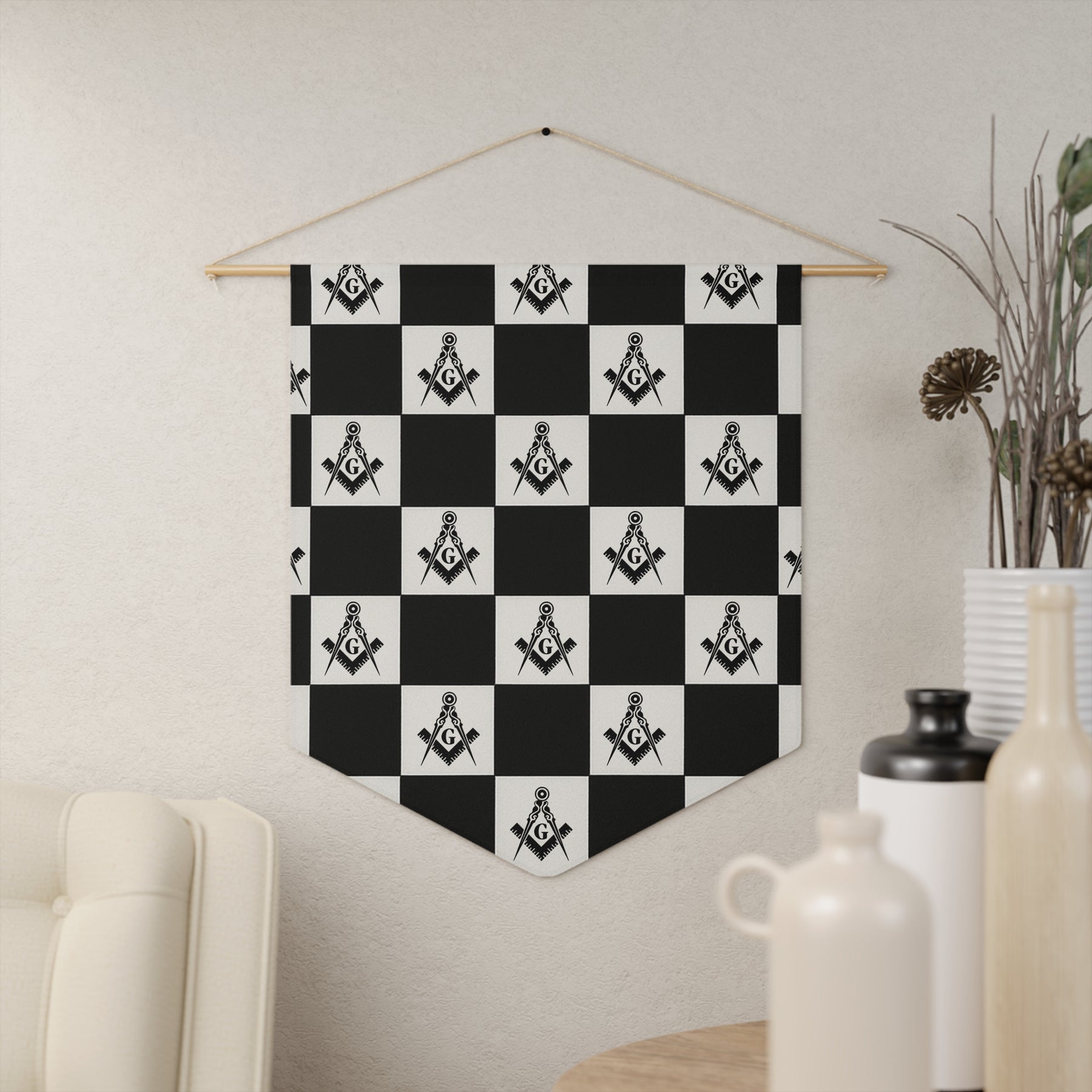 Master Mason Blue Lodge Pennant - S & C with G on Checkered Pattern - Bricks Masons