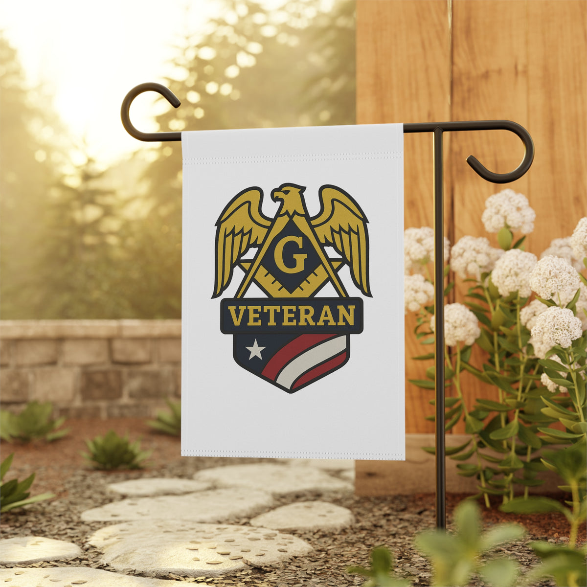 Master Mason Blue Lodge Yard Flag - White Veteran Mason Printed Poly Poplin - Bricks Masons