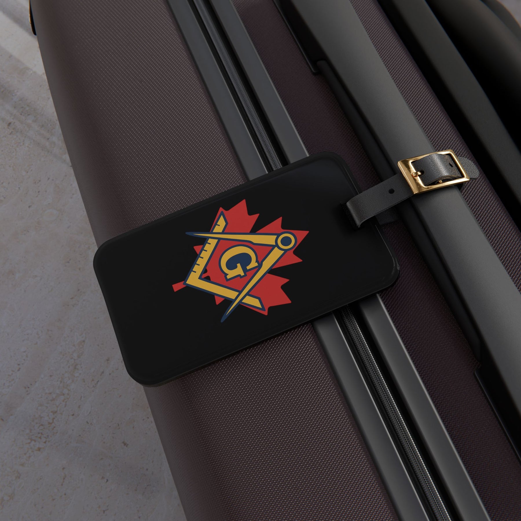 Master Mason Blue Lodge Canada Jurisdiction Luggage Tag - Maple Leaf Black Leather Strap - Bricks Masons