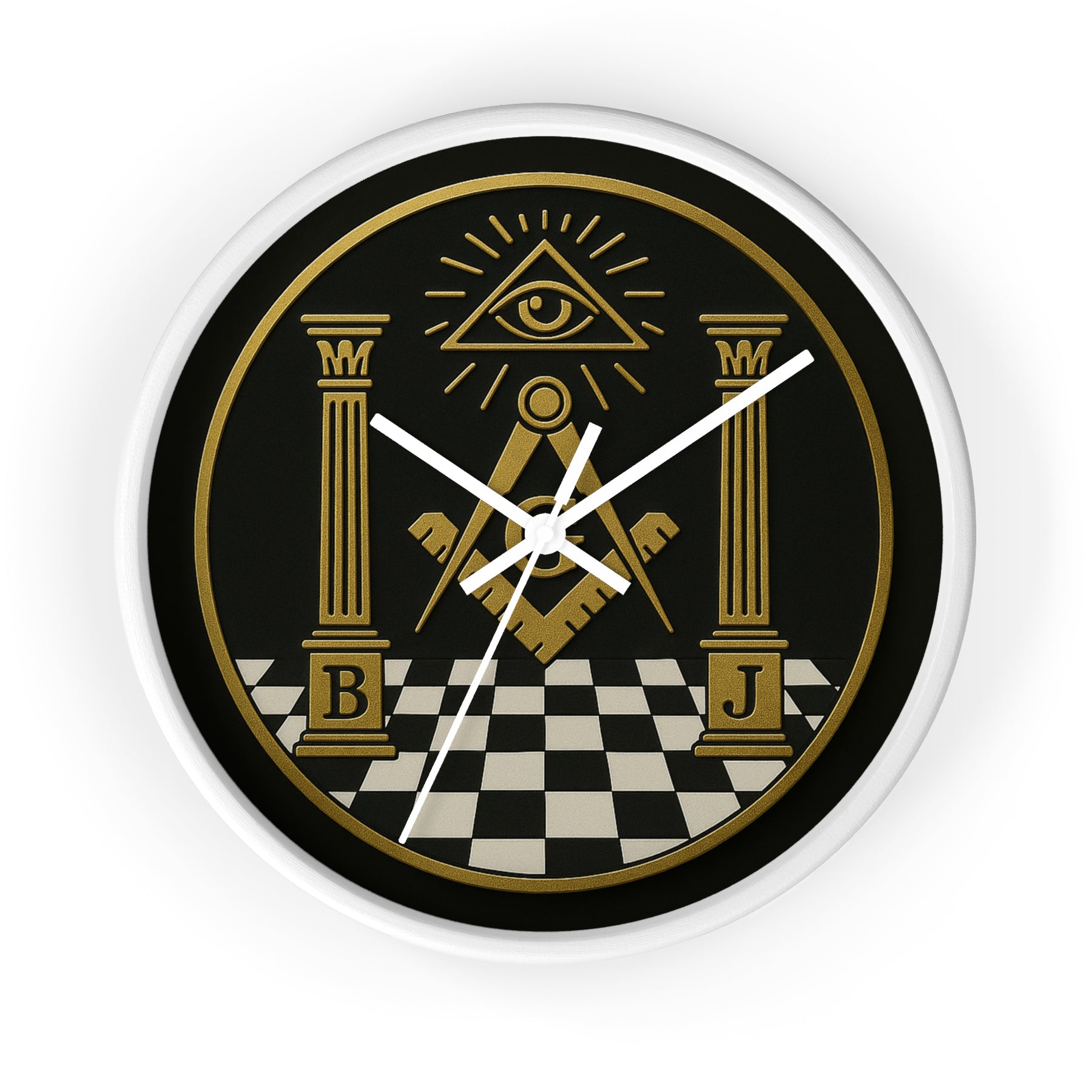 Master Mason Blue Lodge Clock - S&C with Pillars in Wooden Frame - Bricks Masons