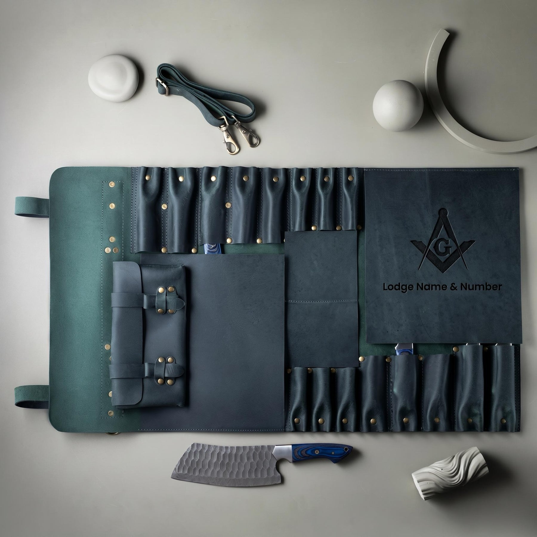 Master Mason Blue Lodge Knife Roll - S&C G 16 Slot Custom Leather Organizer - Bricks Masons