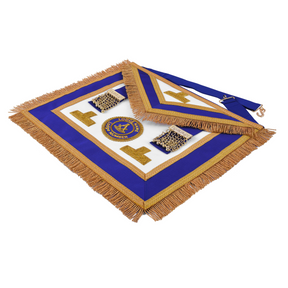 Past Master Blue Lodge Apron - Blue Ribbon With Hand Embroidery Bullion And Chain Tassels - Bricks Masons