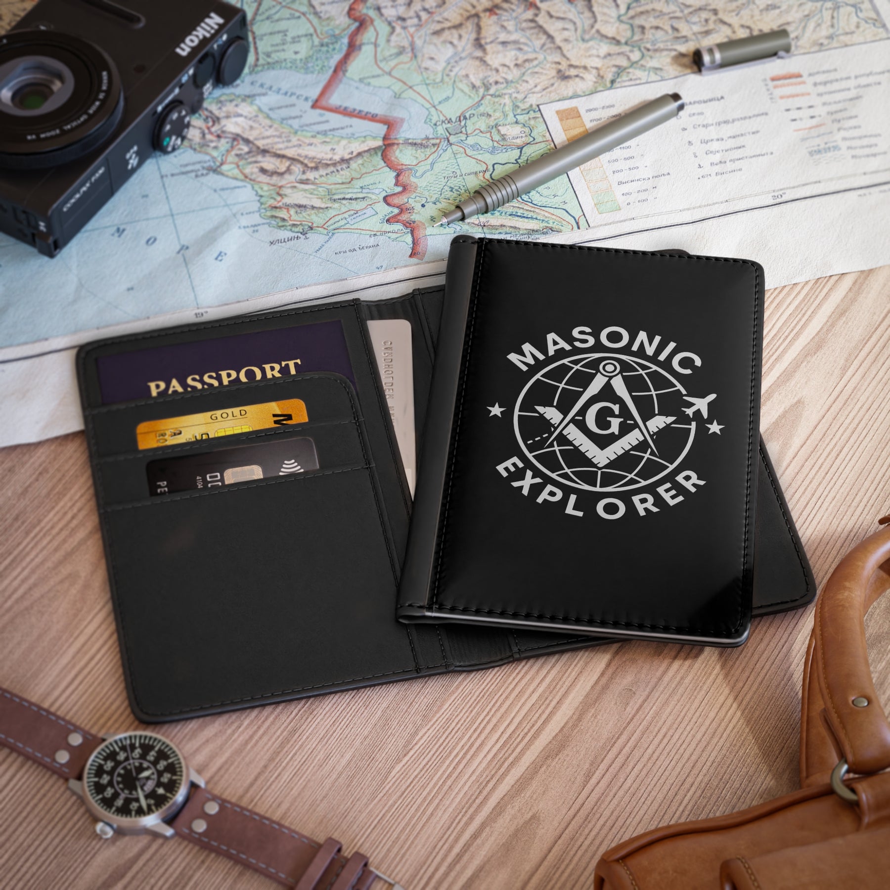 Master Mason Blue Lodge Passport Cover - Black PU Leather With Inner Compartments - Bricks Masons
