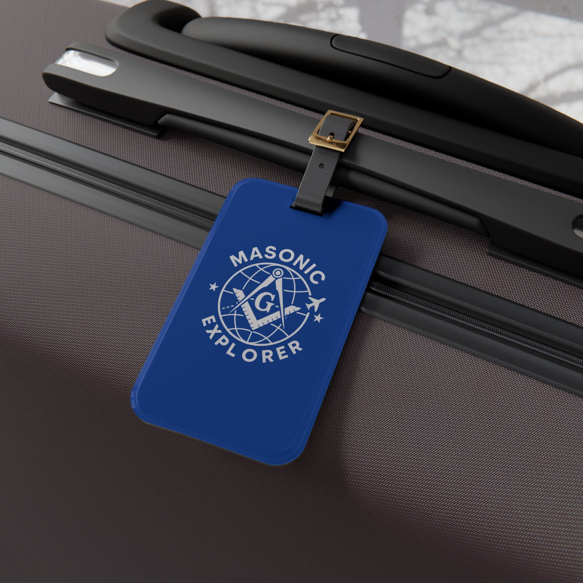 Master Mason Blue Lodge Luggage Tag -  Blue Masonic Explorer With Leather Strap - Bricks Masons