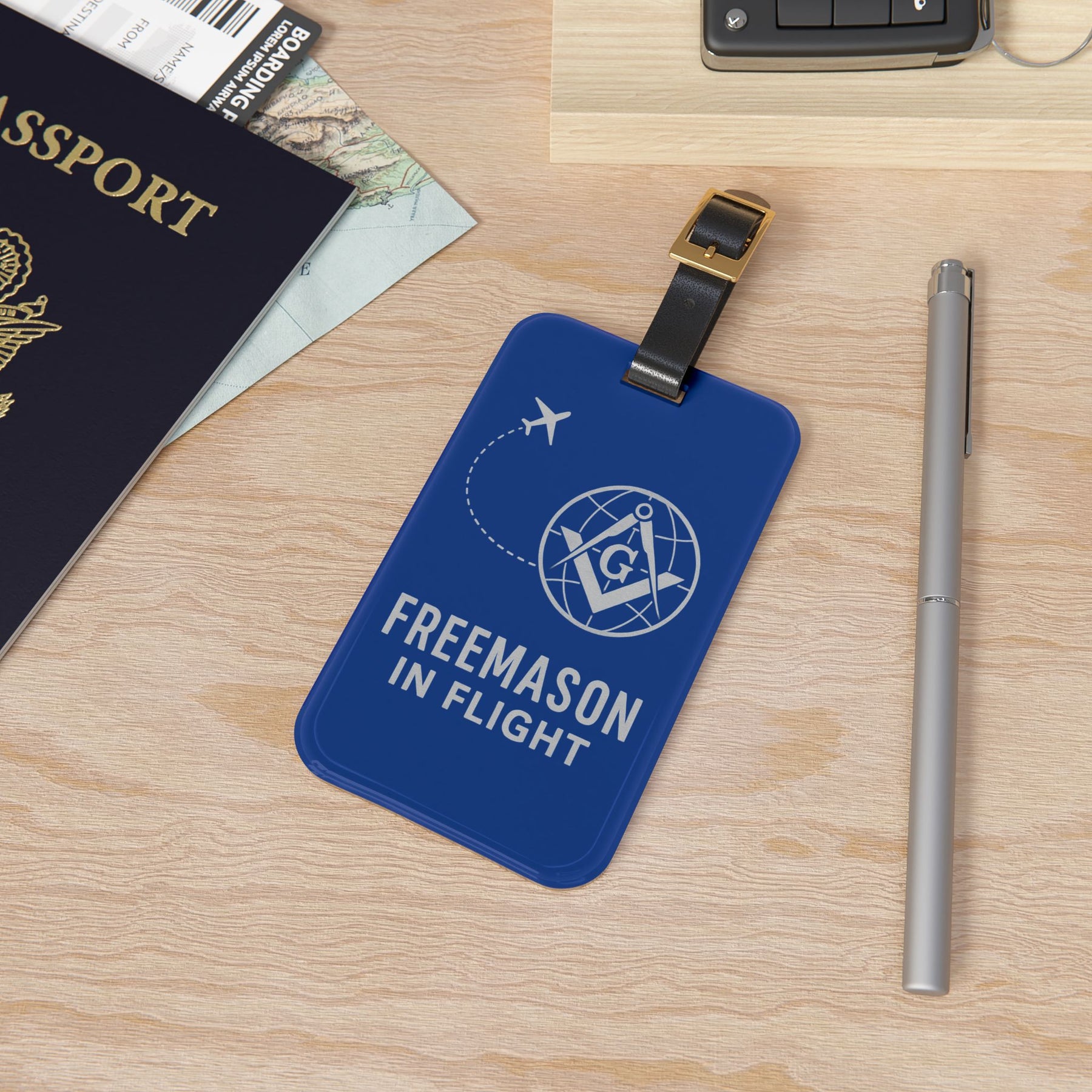 Master Mason Blue Lodge Luggage Tag - Freemason In Flight With Black Leather Strap - Bricks Masons
