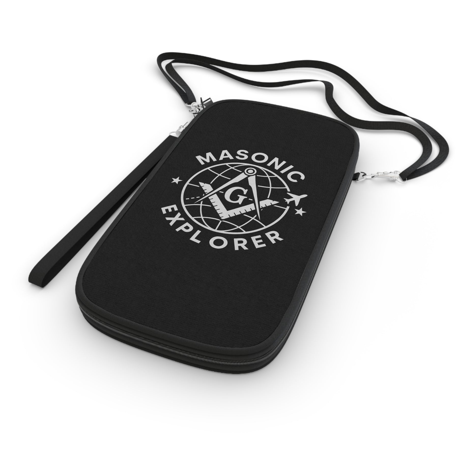 Master Mason Blue Lodge Passport Wallet - Black Masonic Explorer With Shoulder & Wrist Strap - Bricks Masons