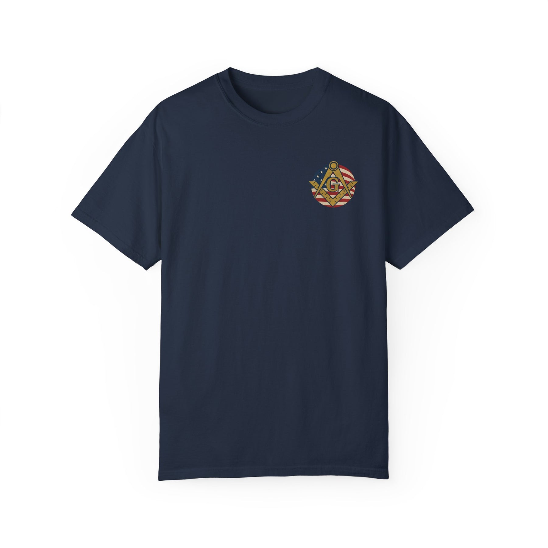 Master Mason Blue Lodge T-Shirt - Garment-Dyed US Flag Square & Compass G - Bricks Masons