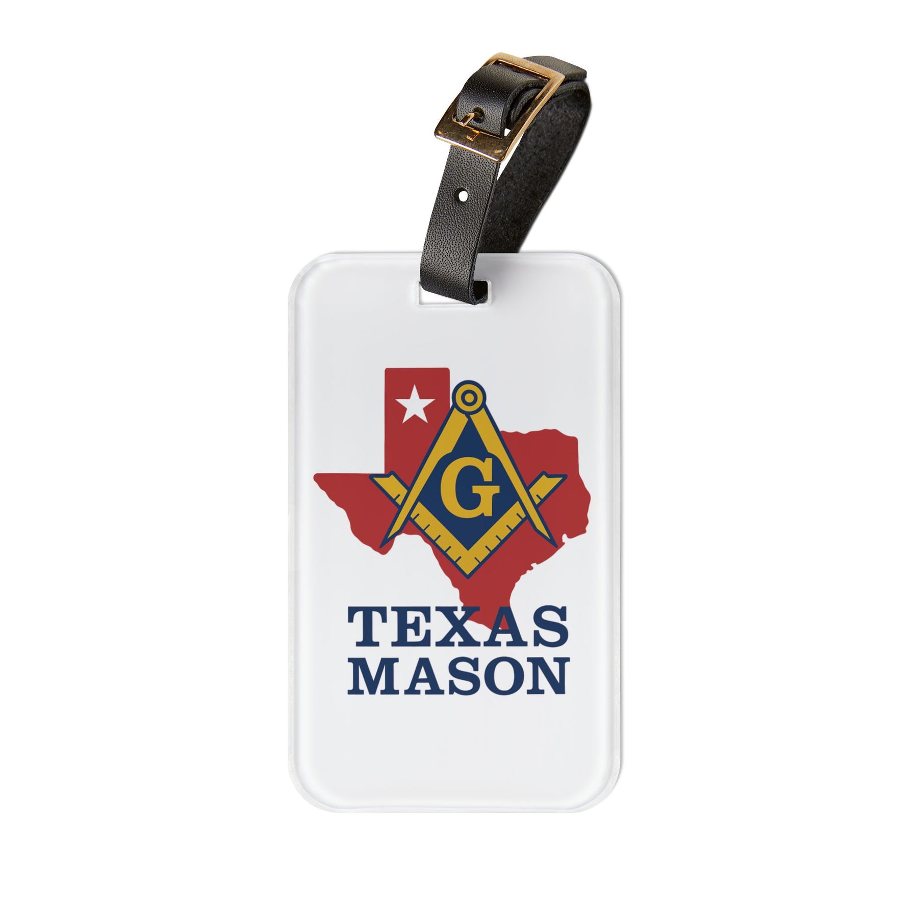 Master Mason Blue Lodge Luggage Tag - White Texas Mason With Black Leather Strap - Bricks Masons