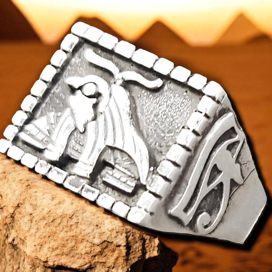 Egyptian Pharaoh Ring with Horus and Ankh in Silver 1.5 cm 10 g Art 915 - Bricks Masons