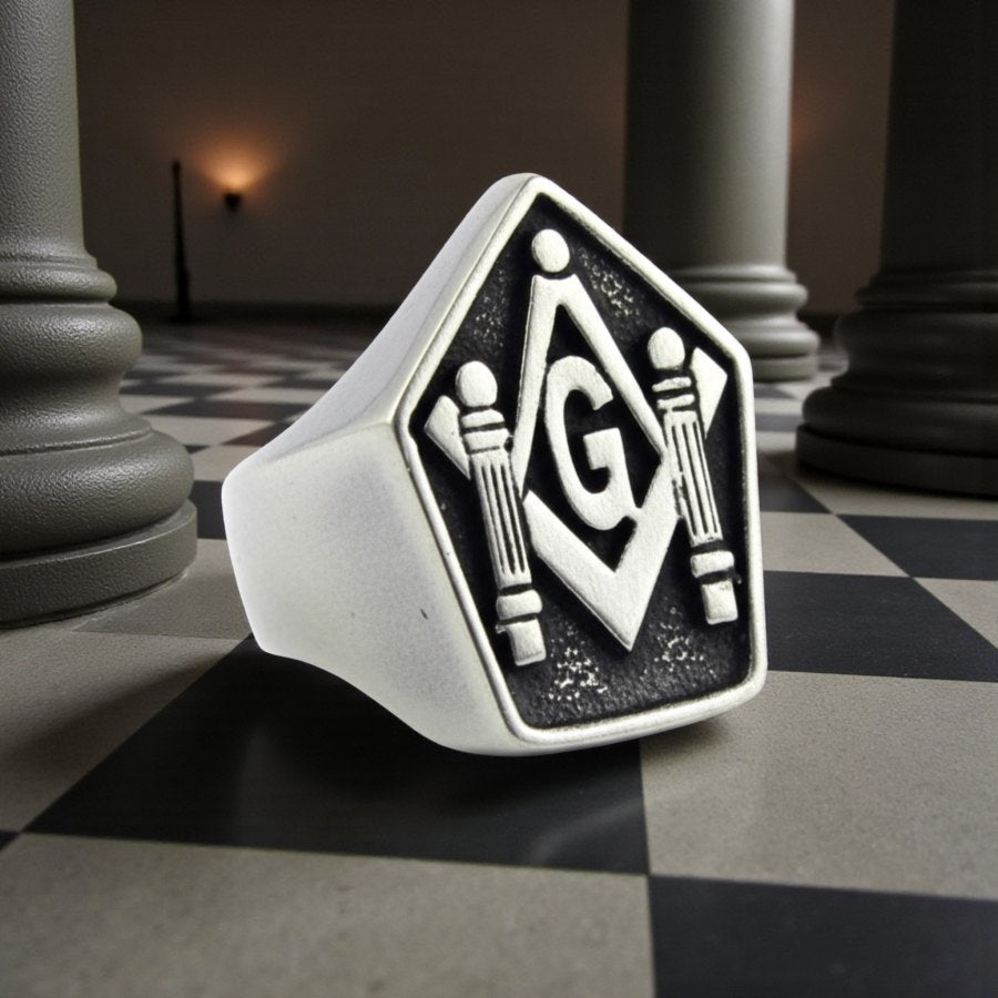 Masonic Ring with Columns in Silver Freemasonry Art 95 - Bricks Masons