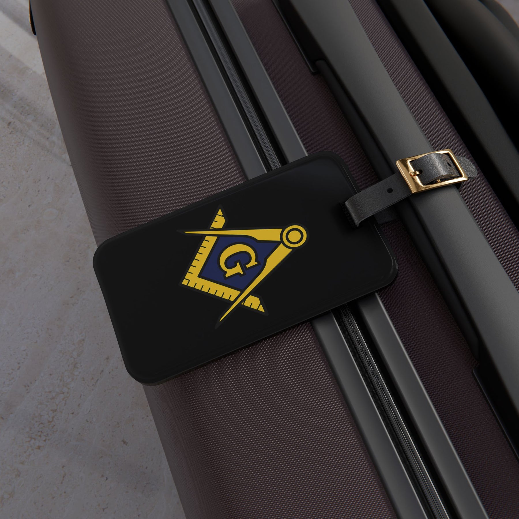 Master Mason Blue Lodge Luggage Tag - Black S&C G With Black Leather Strap - Bricks Masons
