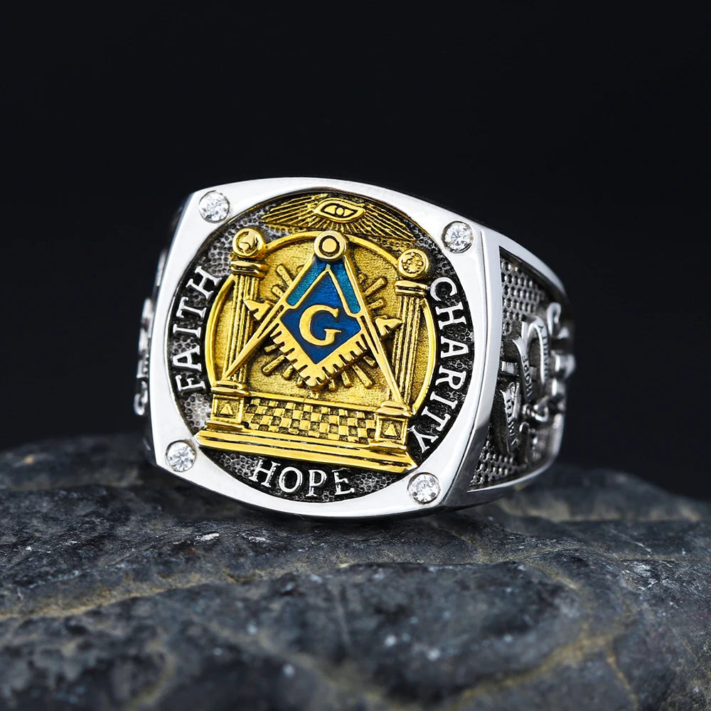 Master Mason Blue Lodge Ring - Sterling Silver Faith Hope and Charity with S&C G - Bricks Masons