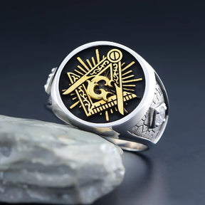 Master Mason Blue Lodge Ring - Sterling Silver S&C G with Stones On The Sides